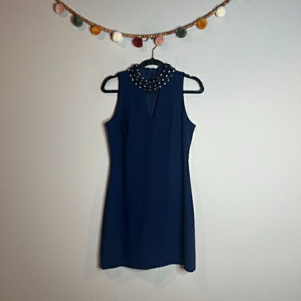 🔆 Taylor navy blue embellished high neck shift dress